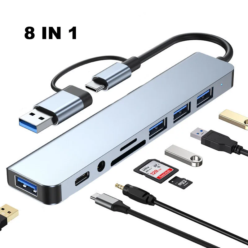 7-In-1 USB HUB With USB-C/USB3.0 Dual Interface, USB Splitter With 1 USB 3.0, 4 USB 2.0 And 2 USB-C Ports, For Electronics/PCs/L