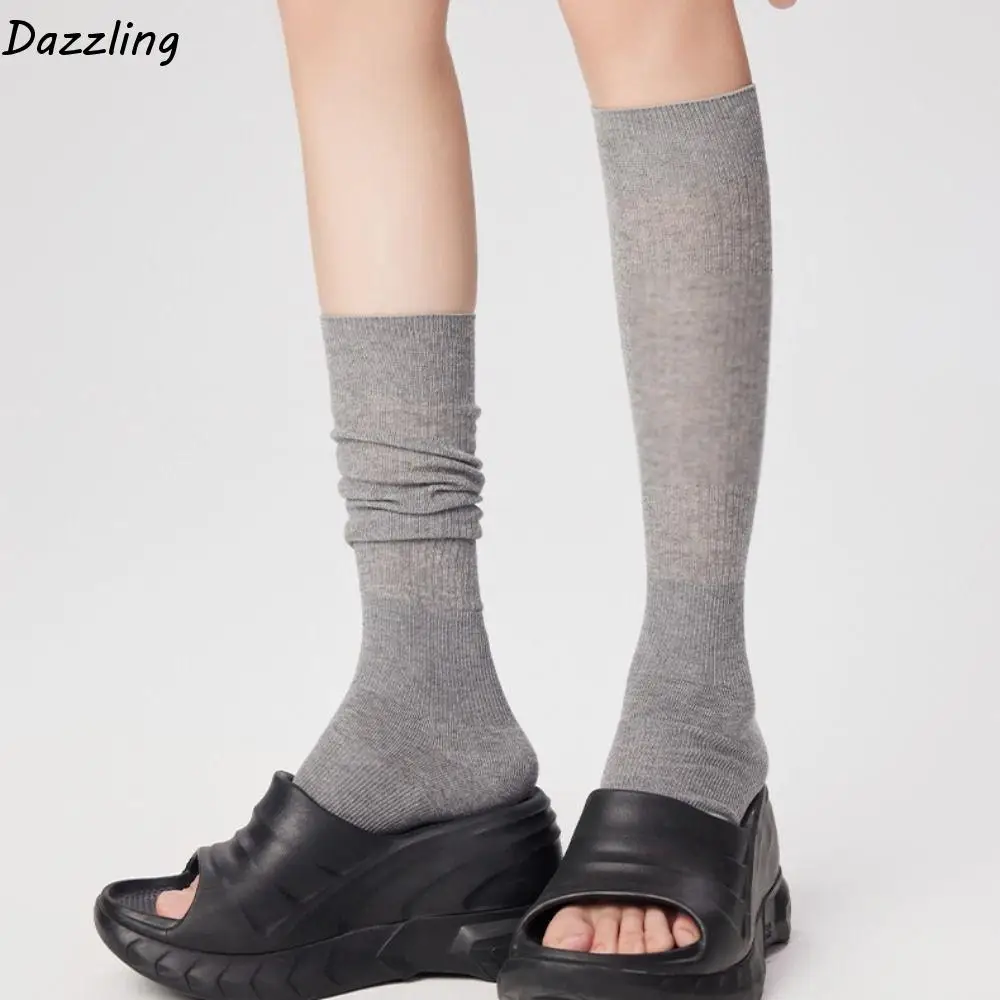 

Elastic Lolita JK Calf Socks Ultra-Thin Open Toe Knee High Socks Solid Color Cotton Mid-tube Stocking Women