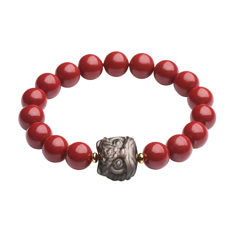 Natural Cinnabar Beaded Bracelet With Obsidian Awakening Lion Charm Multiple Sizes Unisex Lucky Feng Shui Jewelry Perfect Gift