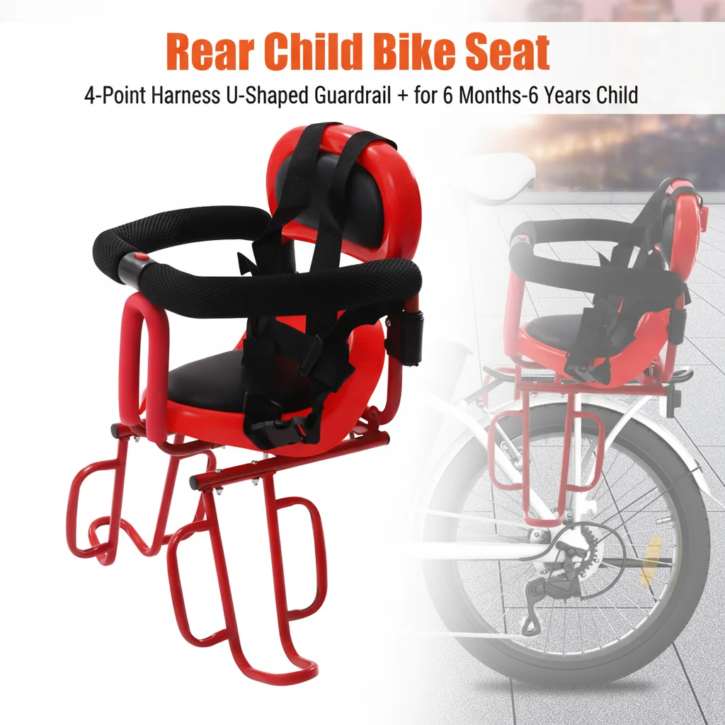 Tylny fotelik rowerowy dla dziecka, fotelik rowerowy dla rodziców i dzieci, fotelik rowerowy z 4-punktową uprzążą, zabezpieczenie w kształcie litery U, fotelik rowerowy dla dzieci w wieku od 6 miesięcy do 6 lat