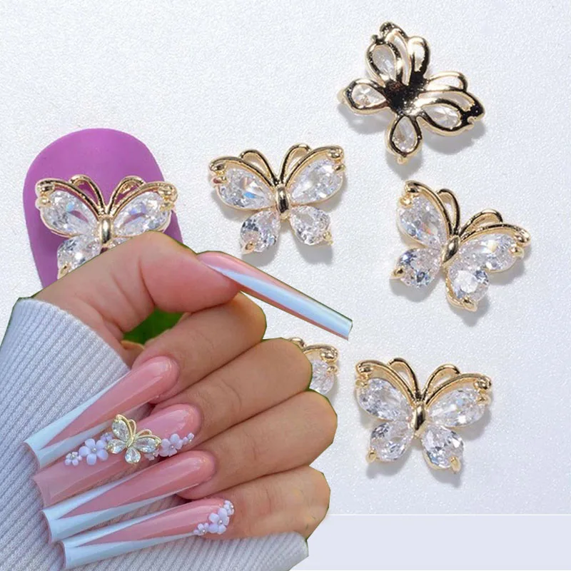 10PC Alloy Butterfly Zircon Nail Art Rhinestone 3D Gold Silver Shiny Diamond Nail ART Gems Butterfies Crystal Manicure Accessory