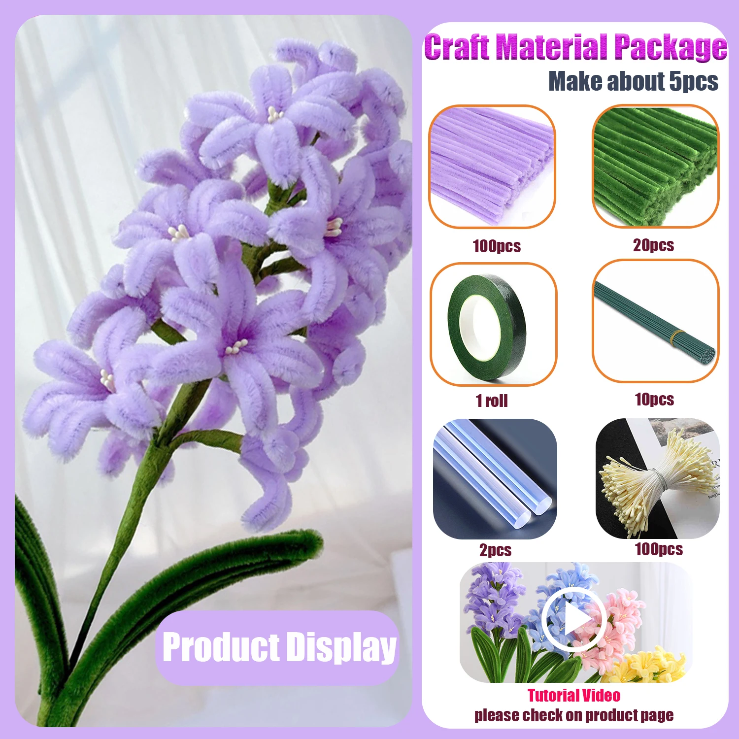 234Pcs Hyacinth Flower Pipe Cleaner Craft Kit DIY Handmade Set with Tutorial Card Beginner-Friendly Creative Crafts for Birthday
