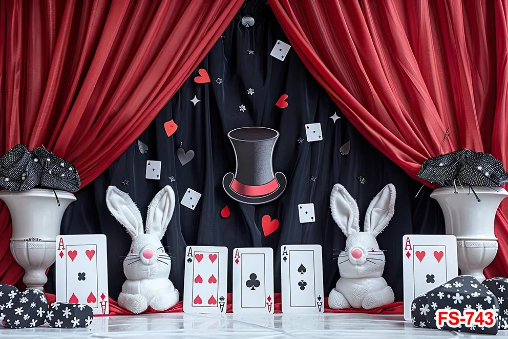 Magic Show Happy Birthday Backdrop for Boy Girl Porker Magician Red Curtains Baby Shower Party Background Black Hat Gold Stars