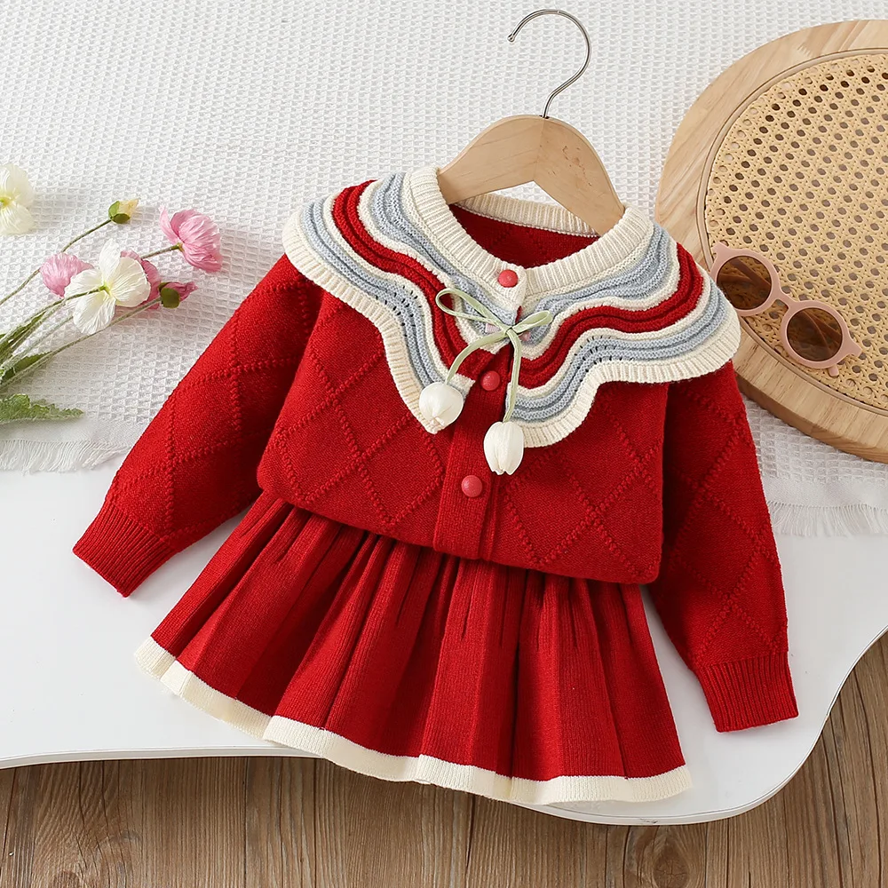 Two-piece Set Color-block Collar Tulip Knit Cardigan Short Skirt Grils Children Spring Autumn New Korean Loose Casual Sweet