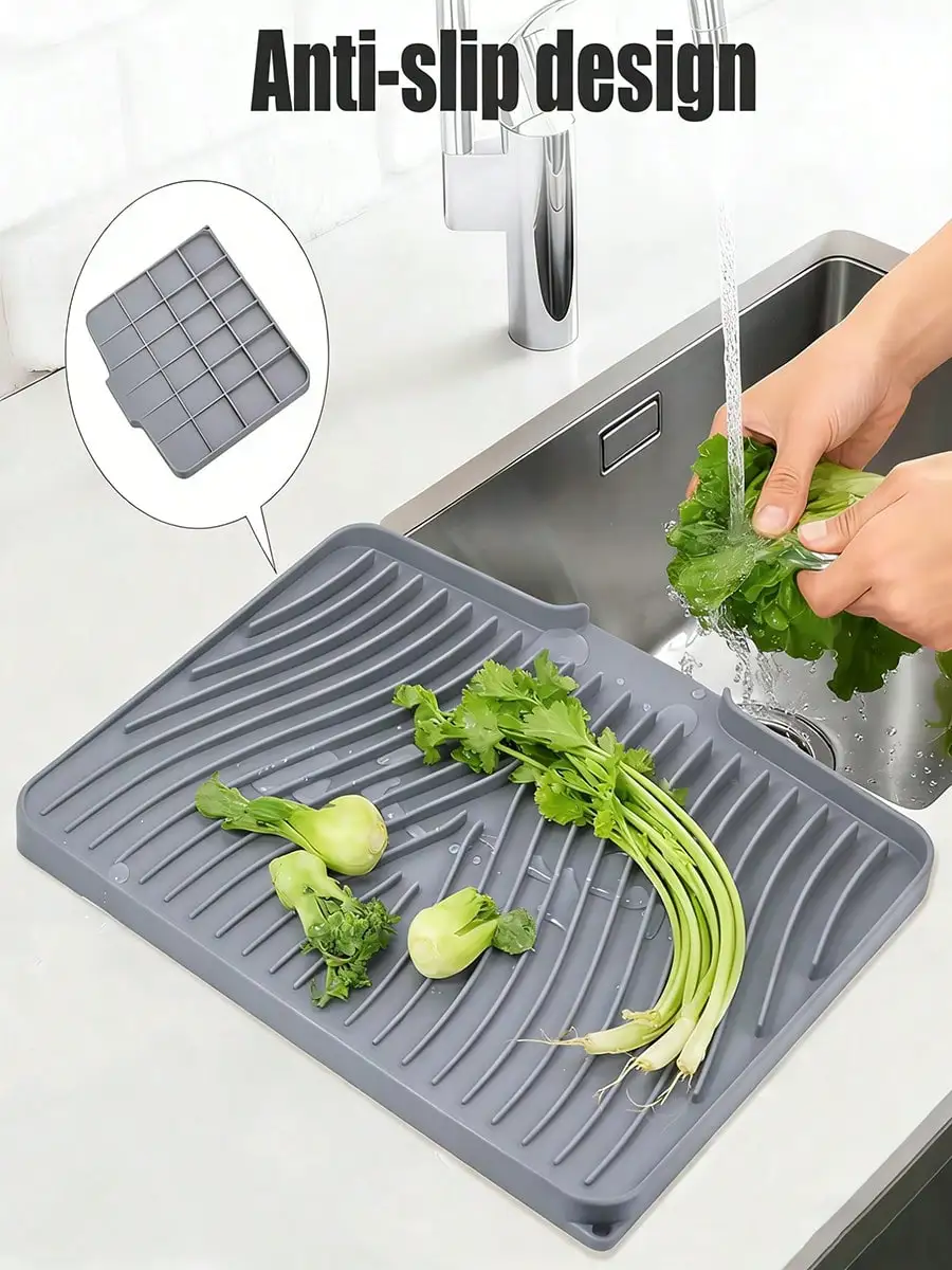 

Силиконовый коврик для сушки посуды на кухонную столешницу - нескользящий, со встроенным дренажем, термостойкий.