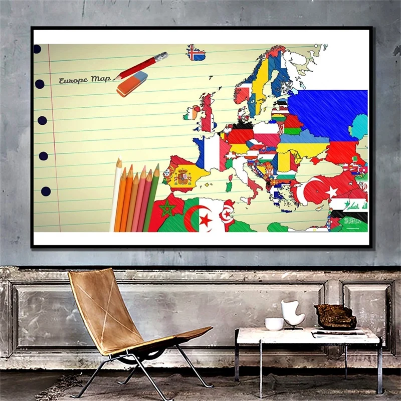 ヨーロッパの国旗入り地図キャンバス絵画、教育用ポスター、学校教室の壁飾り、子供部屋の学習用装飾、旅行用品