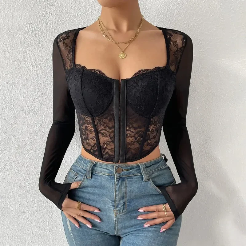 New Selection of Autumn Backless Sexy Lace Long Sleeve Women Blouse Black Embroidery Floral Bare Shoulder Bodycon Crop Top