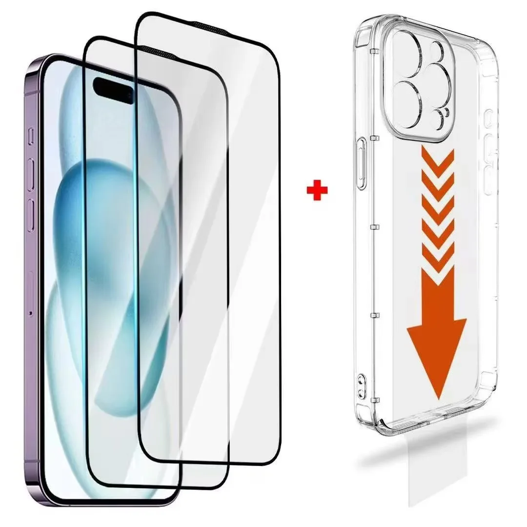 

New Automatic positioning Clear Case Add Tempered Glass For iPhone 16 15 14 13 12 Pro Max Plus Silicone Transparent Cover Screen