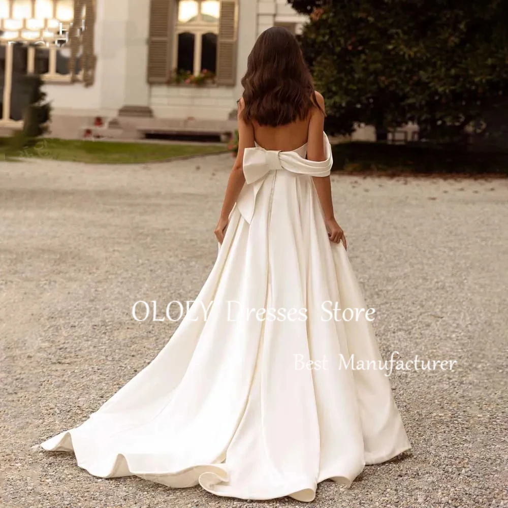 OLOEY Exquisite White Satin Asymmetrical Wedding Dresses Strapless Lace Up Off Shoulder Floor Length Sweep Train Bride Gowns