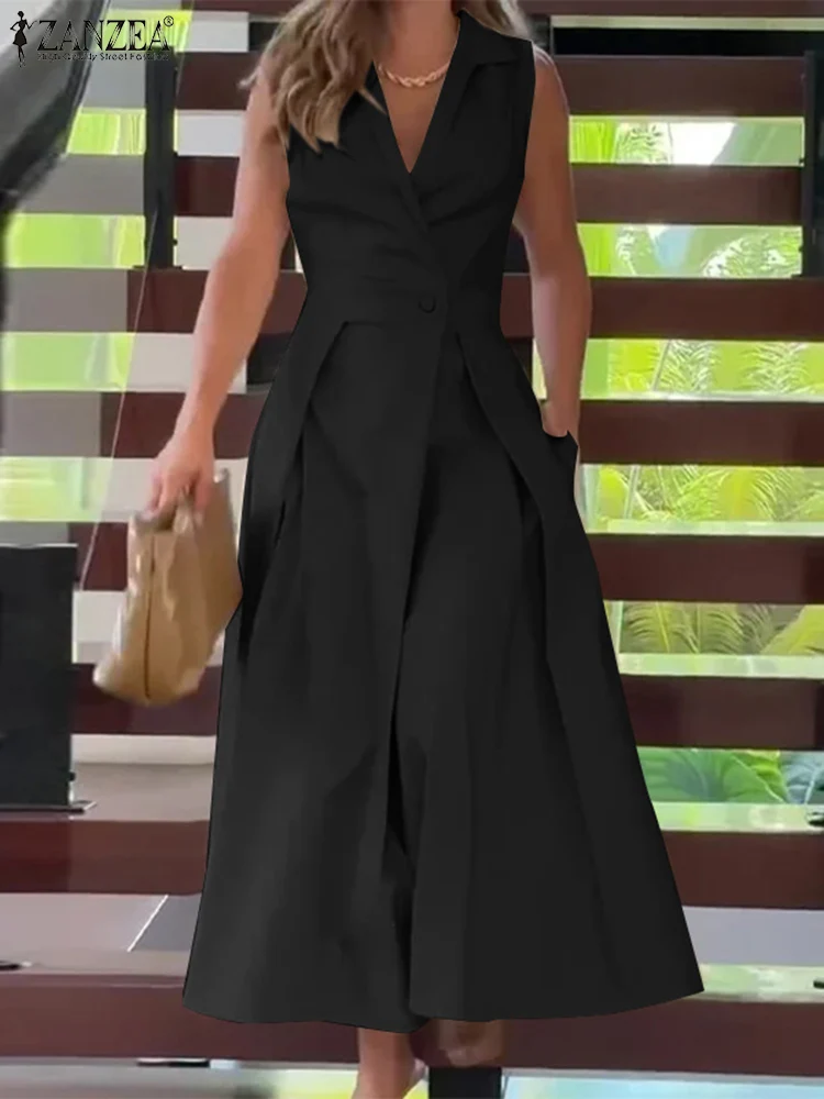 ZANZEA Stilvolle Solide OL Arbeit Midi Kleid Frauen Sommer Kleid Mode V-ausschnitt Party Vestidos Elegante Büro Dame Ärmelloses Sommerkleid
