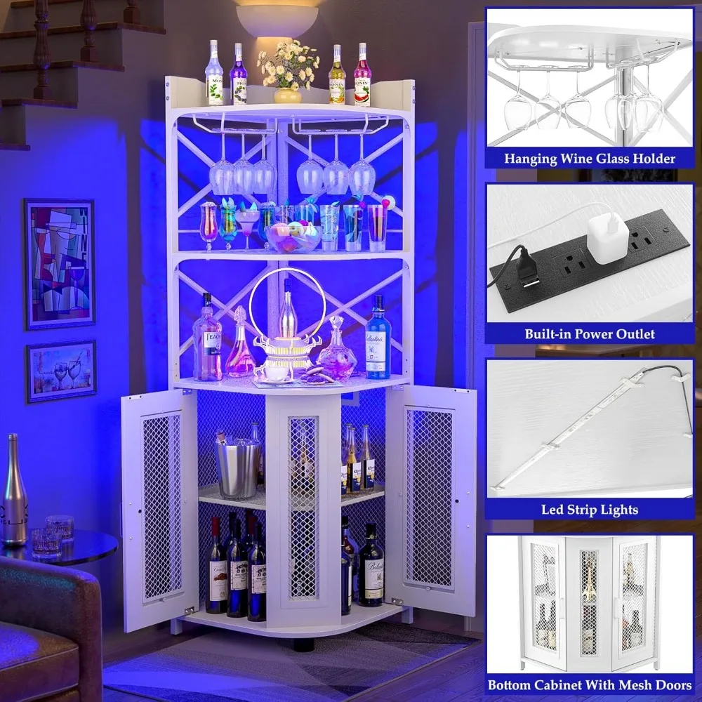 Aheaplus Mueble de barra esquinera con toma de corriente, mueble de vino industrial con tira LED y soporte para vidrio, mueble para licores de 5 niveles