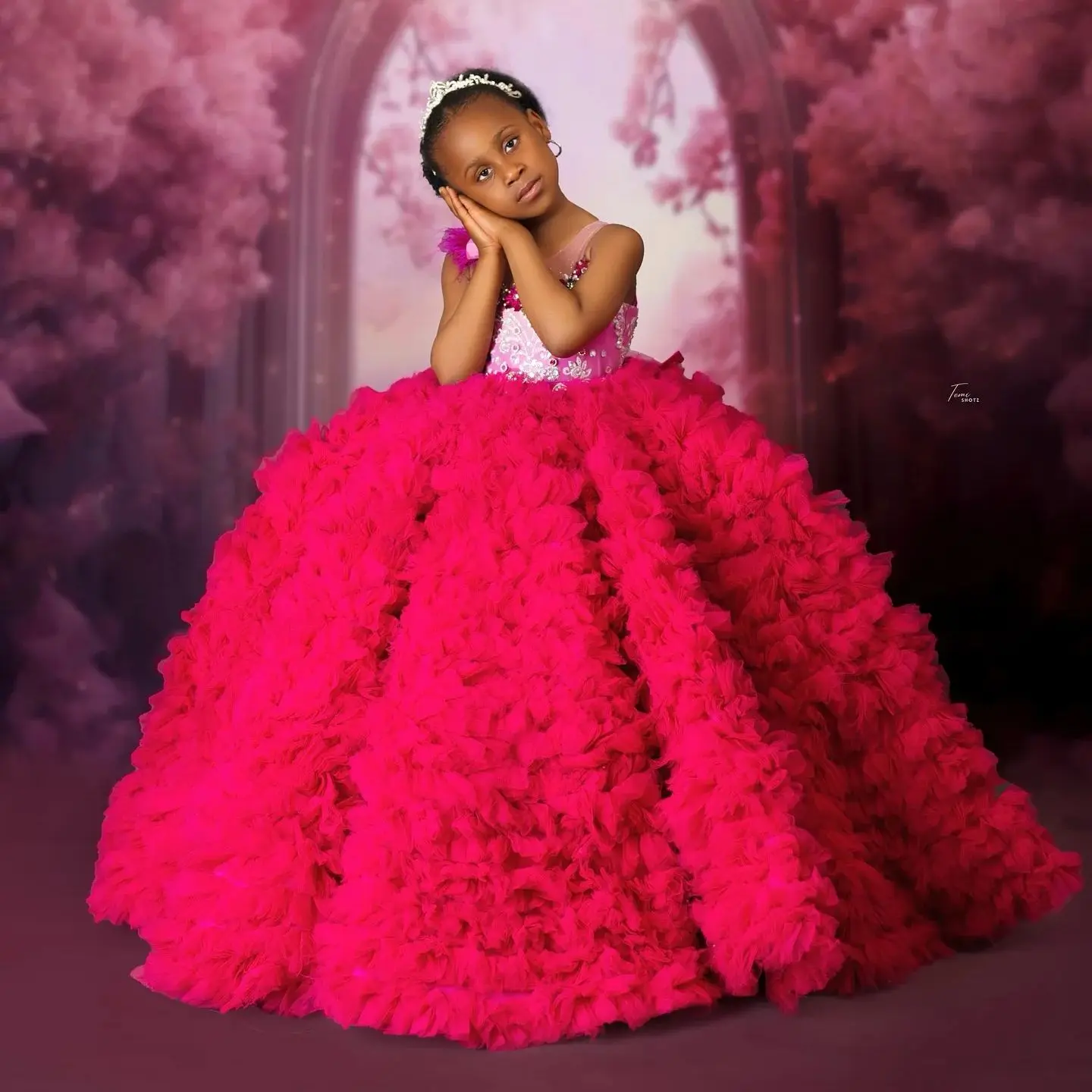 Luxury Red Girls Birthday Party Dresses Princess Beaded Extra Puffy Flower Girl Dresses Baby Kids Ball Gowns for Photo Shoot