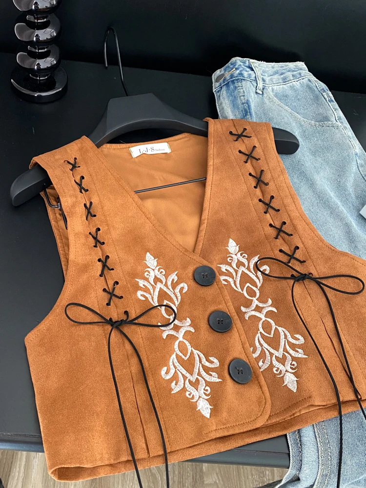 

Женский жилет n Vaion Sle в стиле ретро, тяжелый пояс с вышивкой, v-образный вырез, жакет, женская мода, лето 2025