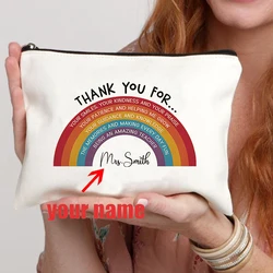 Rainbow Teacher Custom Name Canvas Cosmetic Bag Zipper Wallet Travel Perfume Lipstick Pouch Office Supplies Storage Pencil Case