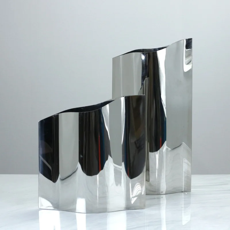 Simple and modern flat stainless steel flower ware, leather metal vase, light luxury desktop ornament, living room wine cabinet