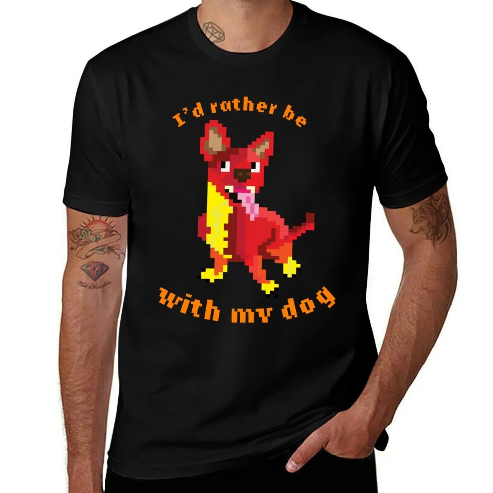 Black Background of Pixelated Dog - 'I'd Rather be with my dog' T-Shirt t shirts for man pack cotton T-Shirt