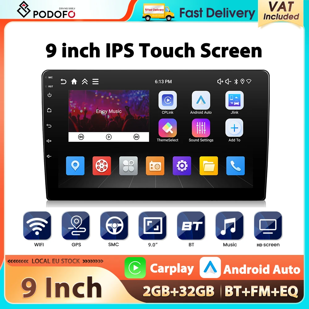 Podofo 9'' 2Din Autoradio Android 2+32G Lettore Multimediale CarPlay Android Auto EQ WIFI Navigazione GPS FM/RDS Mirror Link BT Stereo per Auto