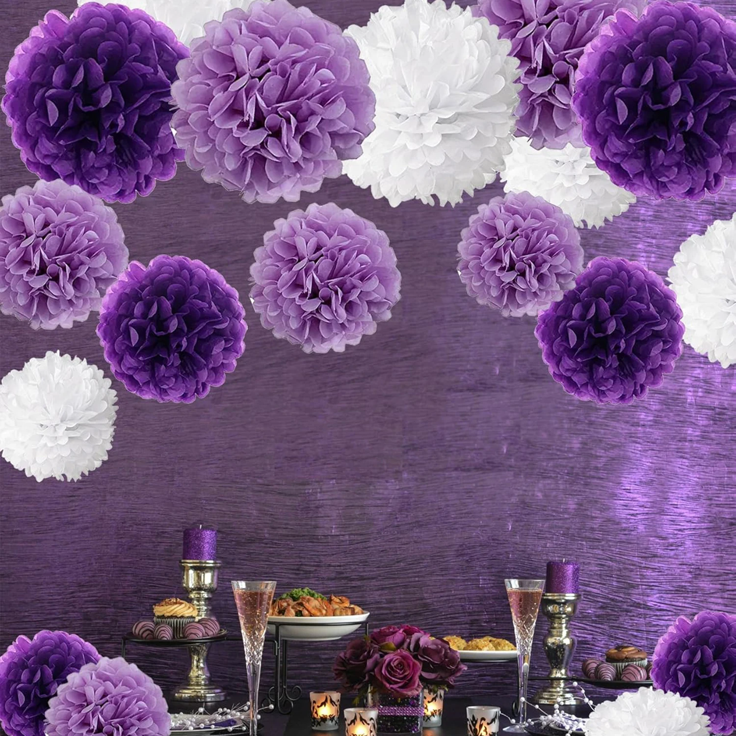Pompas de papel roxo e branco, 9 peças, festa de aniversário, bolas de flores, casamento, chá de bebê, chá de panela, decorações de festa
