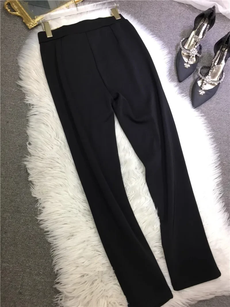 Leggings con taladros de diamantes de industria pesada para mujer, pantalones negros finos de cintura media alta, cálidos y gruesos, pantalones largos de otoño e invierno