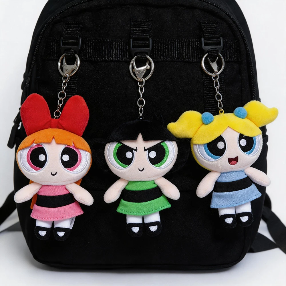 12 cm klassischer Powerpuff Girls-Schlüsselanhänger, Blütenblasen, Butterblumen, PP-Baumwolle gefüllt, Plüsch-Schlüsselanhänger, Cartoon-Anhänger-Puppe