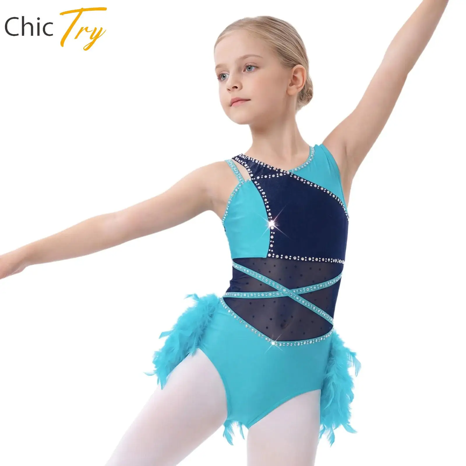 

Kids Girls Rhinestone Feather Latin Dance Leotard Skating Gymnastics Ballet Dancewear Asymmetrical Shoulder Sleeveless Bodysuit