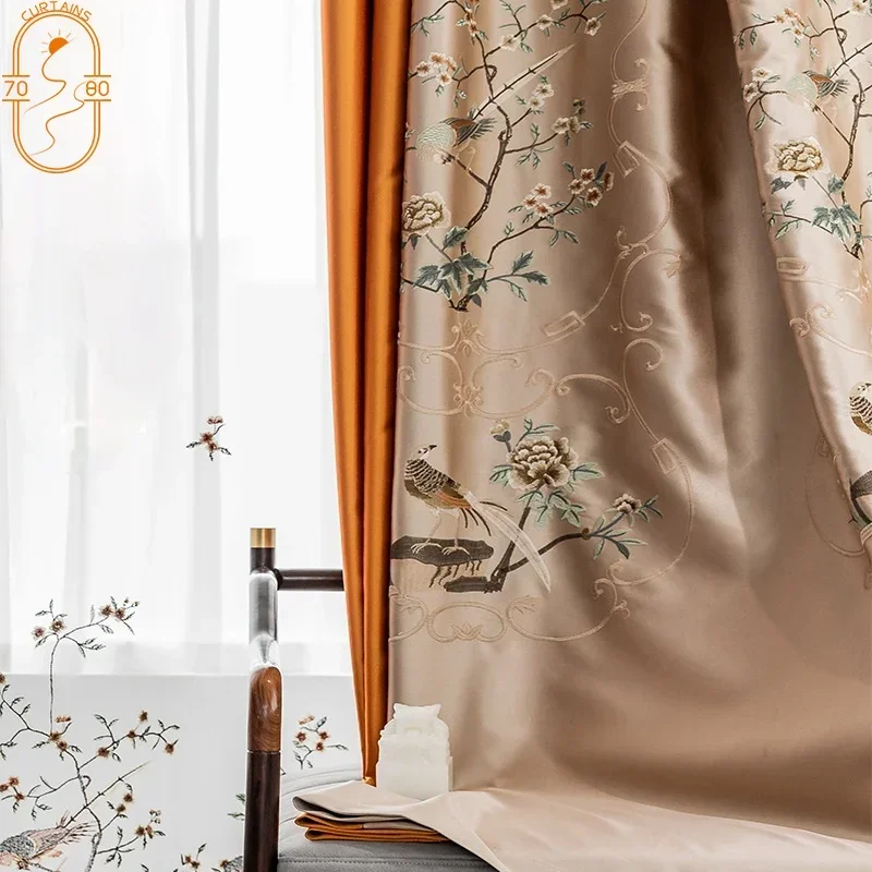 Orange Embroidery Chinese Style Patched Curtains for Living Room Bedroom French Window Study Partition Curtain Window Screen