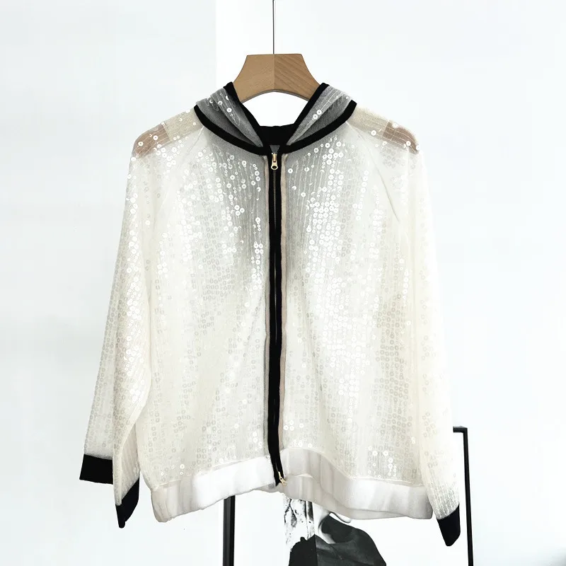 Coat for Women 2024 New Spring Summer Contrast Color Sequin Design Zipper Fly Loose Casual Long Sleeve Hooded Jackets