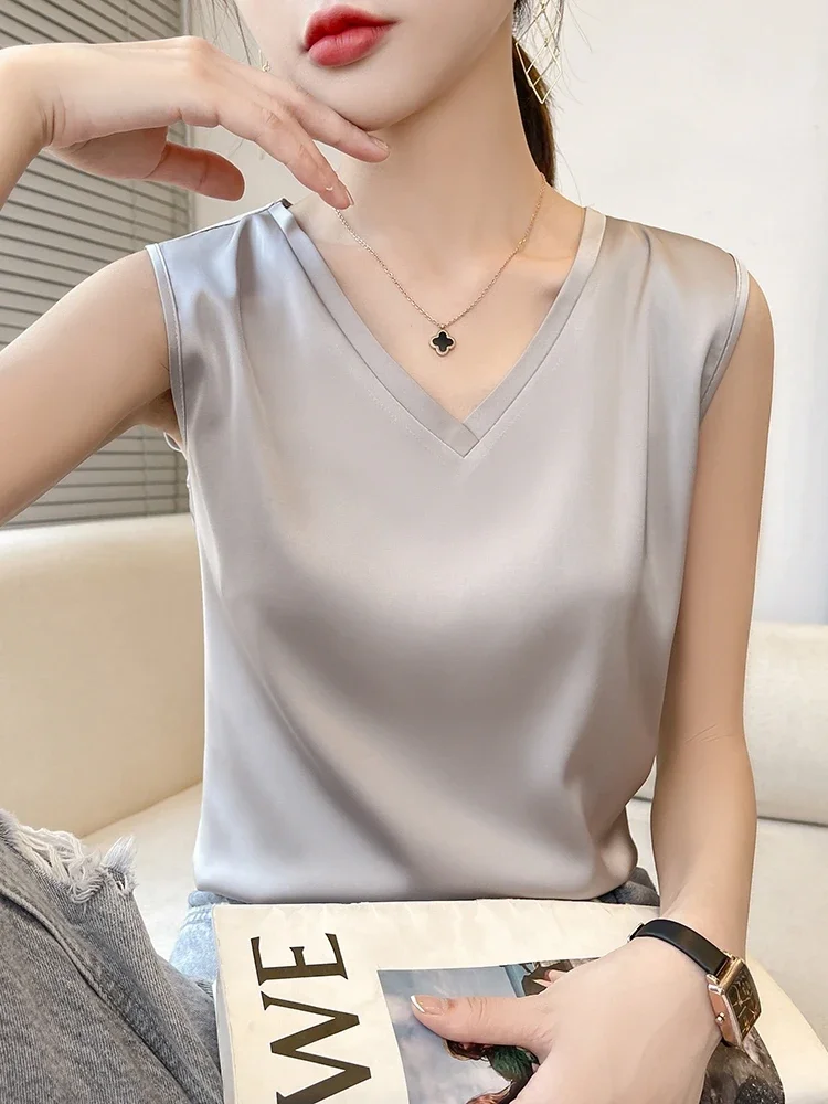 Tank Top Women Summer Solid Colo Artificial Silk Satin Thin Smooth Black White Camis V-Neck Basic Model Silky Y2k 2023 Must Buy