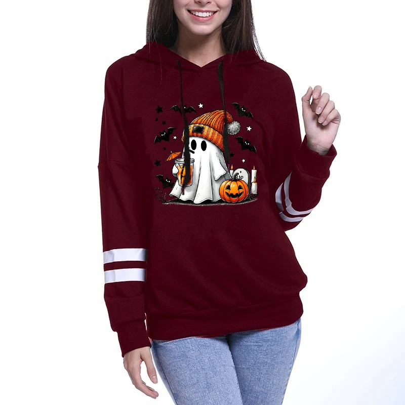 Halloween Ghost Pumpkin Bat Print Hoodies For Women Fashion Casual Long Sleeves Sweatshirts Ladies Halloween Pullovers Tops