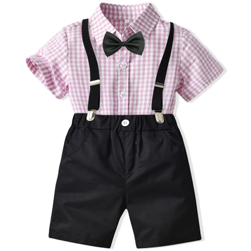 

4Piece 2023 Toddler Boys Summer Sets Clothing Baby Clothes Gentleman Fashion Plaid Short Sleeve T-shirt+Shorts+Straps+Tie BC2379