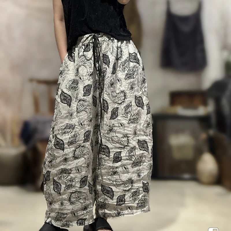 New Arts Style Summer Women Elastic Waist Loose Ankle-length Pants Vintage Print Cotton Linen Harem Pants Good Quality SN185