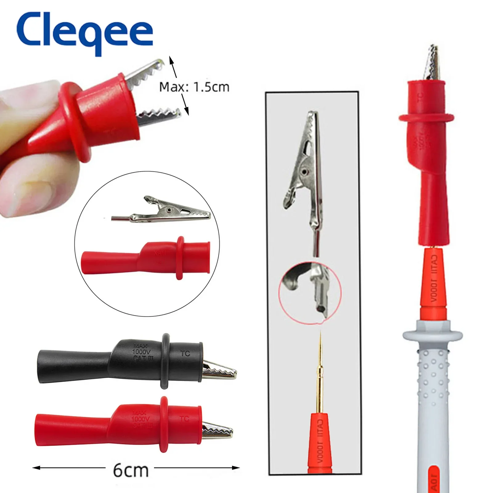 

Cleqee P1506 Series Universal Multimeter Test Probe Leads Kit with Alligator Clip 4mm Banana Plug to Test Hook Clips Test Cable