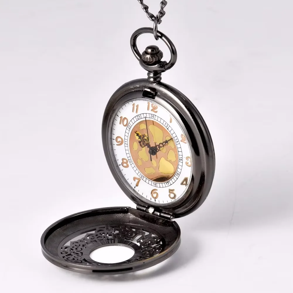 Pocket Watch Black Round Delicate Flower Pocket Watch Men Antique Luxury Brand Necklace Pocket & Fob Watches Chain Male Clock