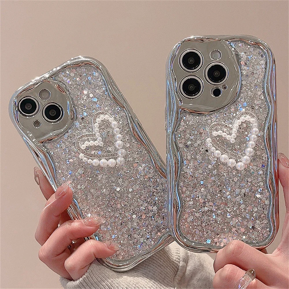 Luxury Bling 3D Pearl Love Heart Silver Wavy Phone Case For iPhone 15 14 13 12 11 Pro Max X XR XS Glitter Epoxy Shockproof Cover