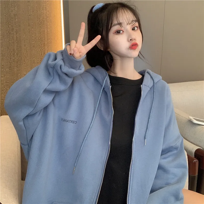 Korean Fashion Young Style Streetwear Zip Up Hoodie Women Girls Kawaii Big Loose Casual Oversized Sweatshirt Cheap Wholesale