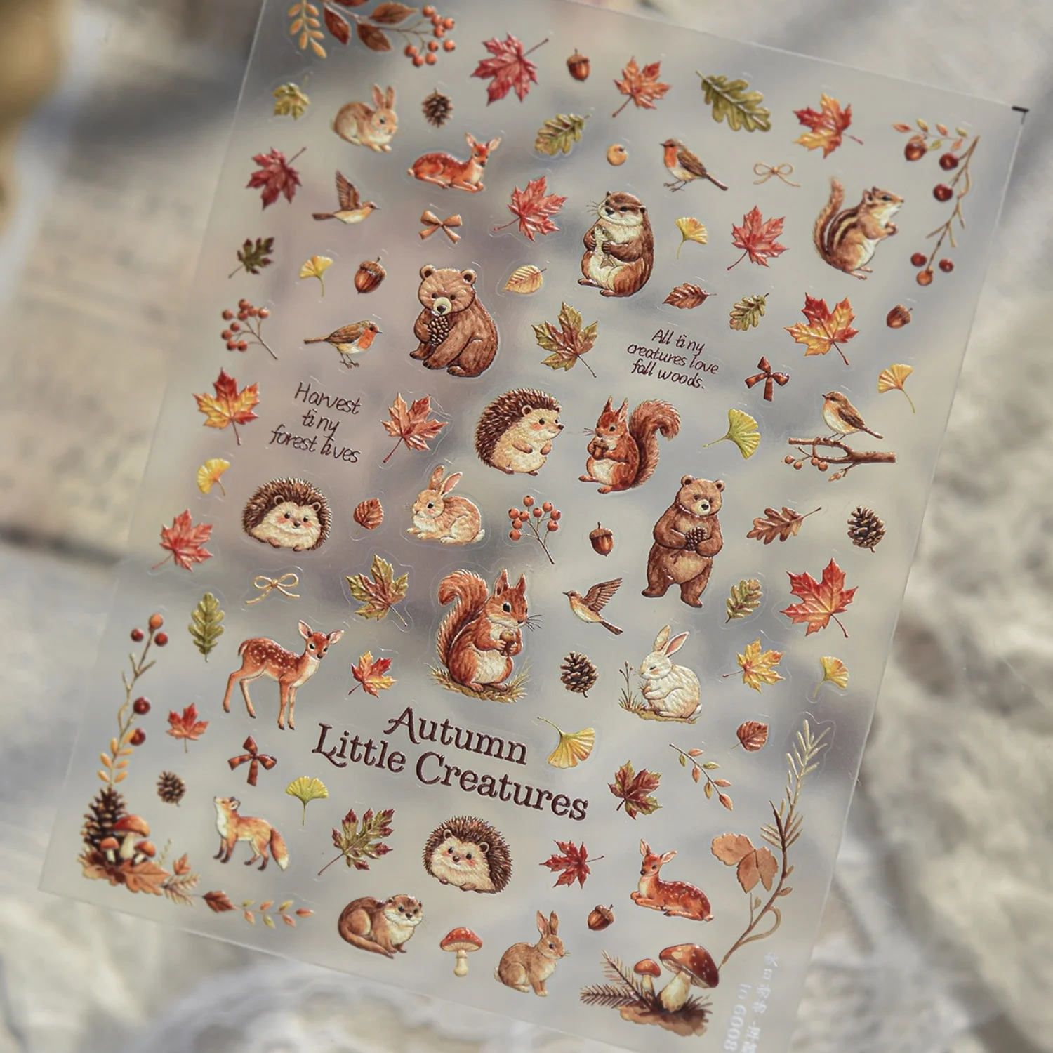 Pastoraler Herbst Nagelsticker 5D Niedlicher Wald-Bär Eichhörnchen Igel Rehjunges Vogel Ahornblatt Eichel Pilz Selbstklebende Maniküre
