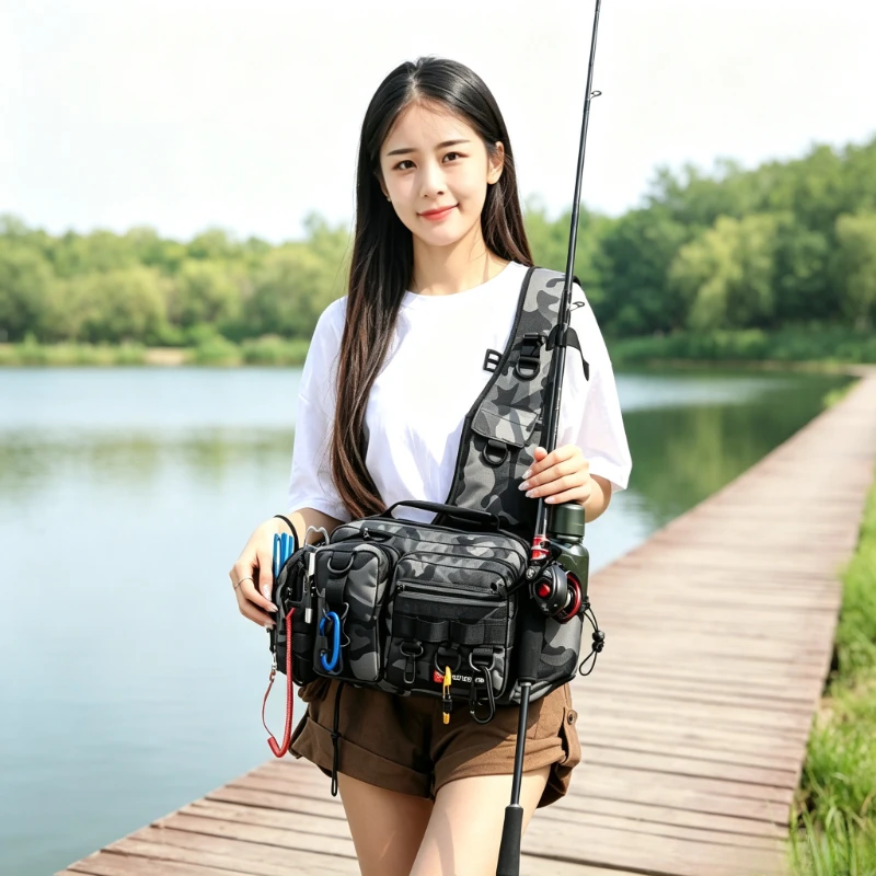 Lure Fishing Multifunctional Waist Pack, Waterproof Shoulder Crossbody Rod Bag, Outdoor Gear Carrier, Scratch-Resistant Durable