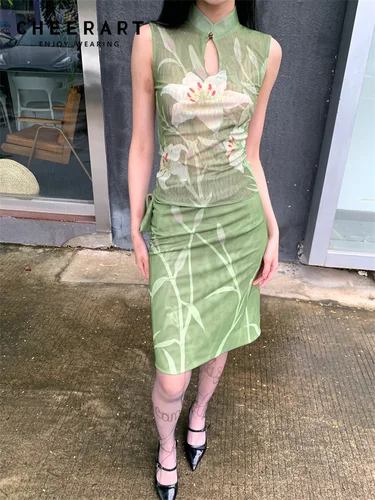 CHEERART-Conjunto de dos piezas para mujer, traje elegante de verano, Top y falda Vintage con estampado Floral de lirio verde, 2024