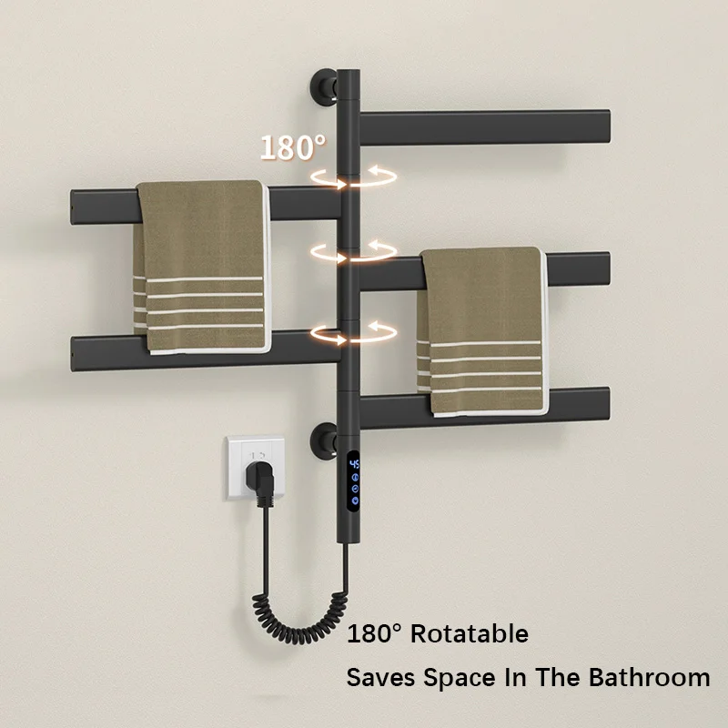 Warmer Temperature Time Control Electric Towel Rack Wall Mounted Fast Drying Heated Towel Rail Black Rotatable Bathroom Towel