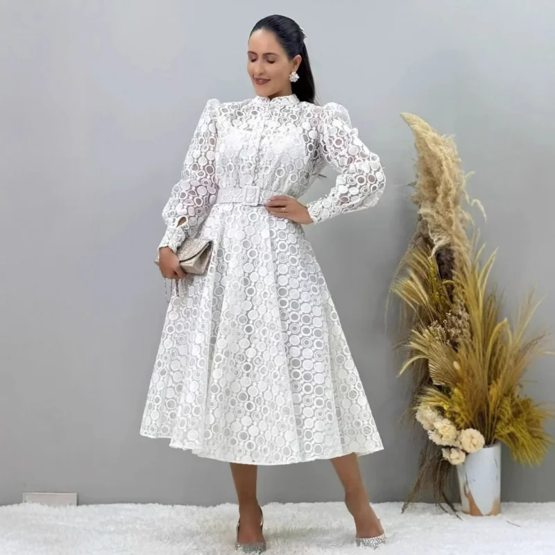 

White Lace Dress 2025 Summer Australian Noblewoman Single-Breasted Tie Waist Vacation Style Flared Long Dress