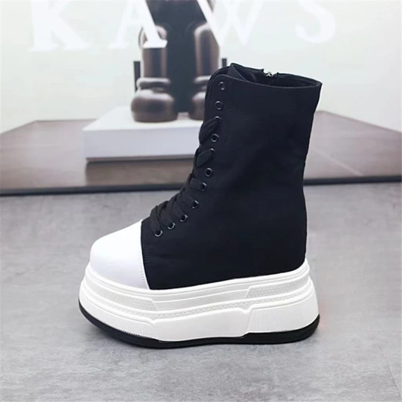 

2026 New Women Chunky Sole Canvas Sneakers 16cm Platform Casual High-Top Shoes Built-In Height Increase Ultra High Heel Versatil
