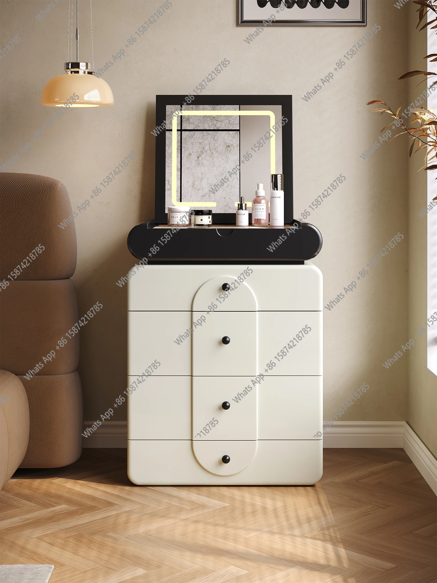 

Bedroom bedside table dresser integrated flip cover cosmetic mirror small apartment household locker cream wind