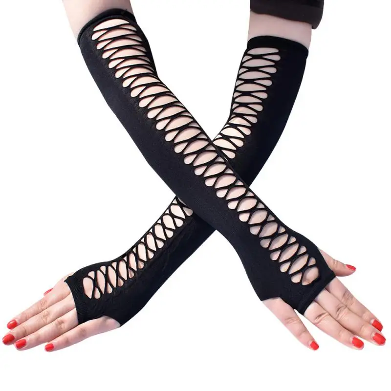 Women's Medium and Long Flat Finger Hole Hollow Cross Mesh Elastic Gloves European and American Retro Party Cos Trend GlovesC016