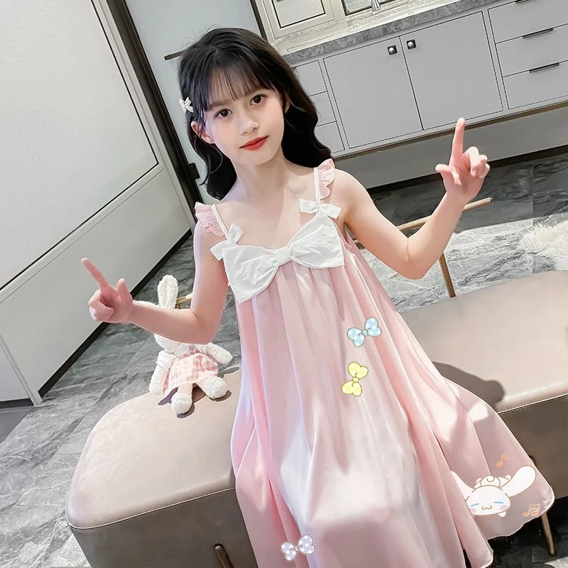 

Kawaii Sanrio Cinnamoroll Children's Cartoon Nightgowns Anime Cute Girls Summer Halter Nightgown Kids Ice Silk Loungewear Gift