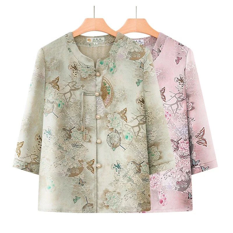 

Women's New Chinese Style Floral Print 3/4 Sleeve Blouse Middle-Aged Elderly Tops