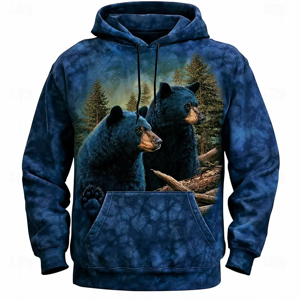 Men's Black Bear Forest Scenery Tie‑Dye Full Print Hoodie Long Sleeve Pullover Sweatshirt For Wildlife Outdoor Wear