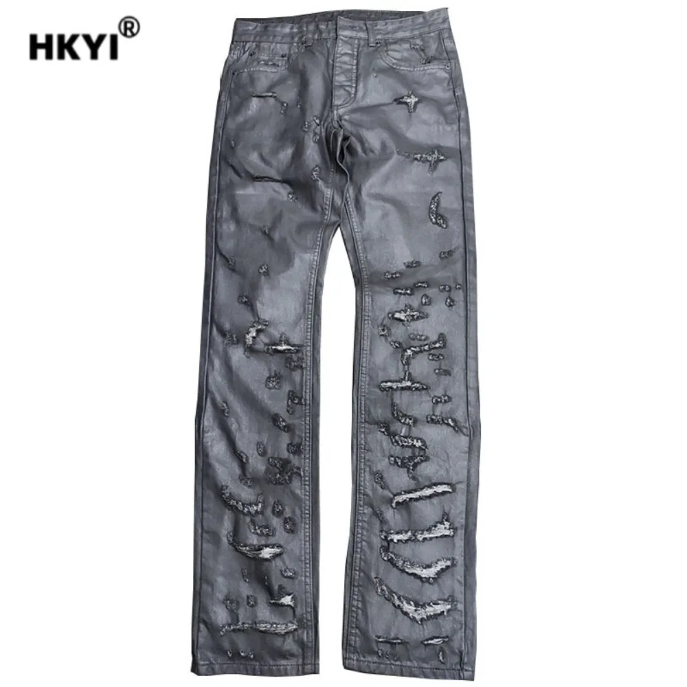 

HKYI Men's Black Glue Damaged Wax Pants, Brushed Wax Coating, Broken Holes, Washed Water, Slimming Pants