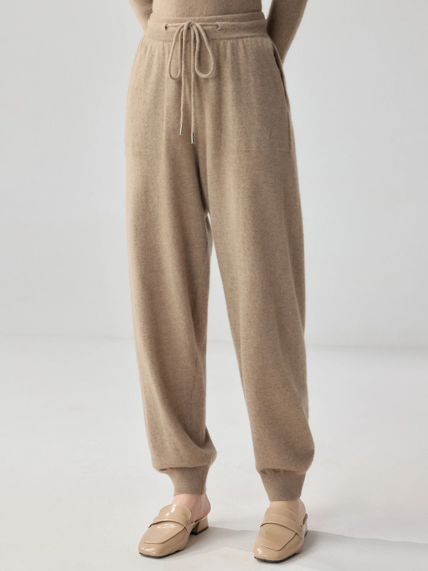 100% Pure Cashmere Pants Women Autumn Winter Mid-high Waist Drawstring Soild Casual Knitted Cuffed Sweatpants Versatile Warm