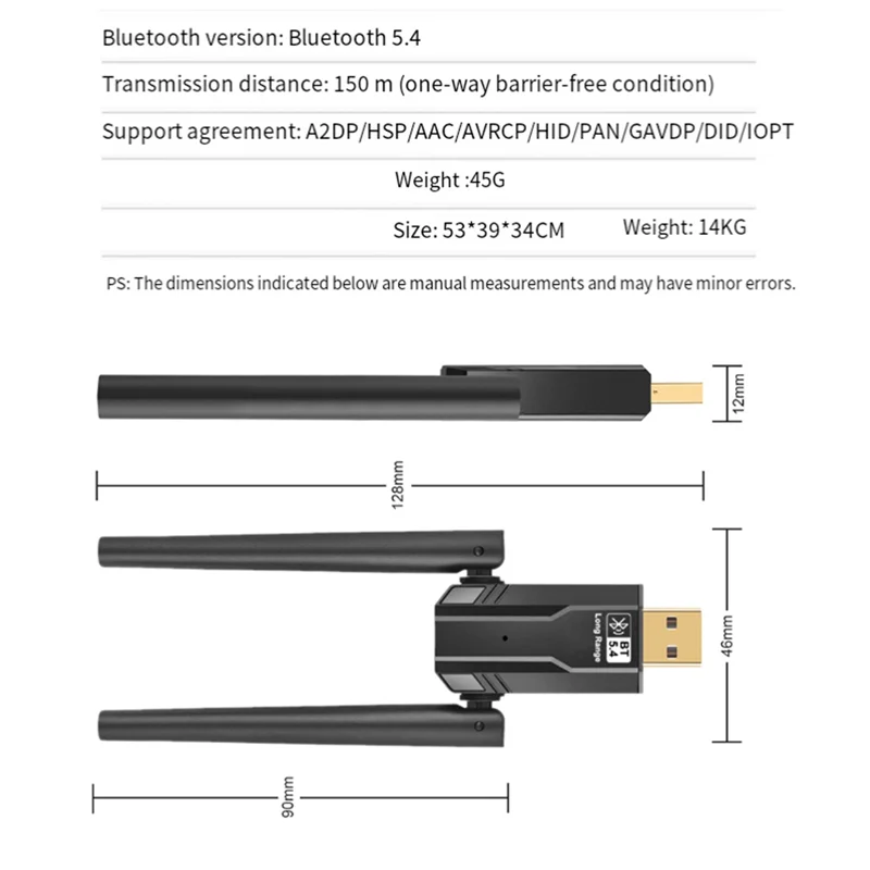 150 meter Bt5.4 Bluetooth-adapter Gratis schijf Computer USB Bluetooth Audio Headset Ontvangstzender met antenne-POS