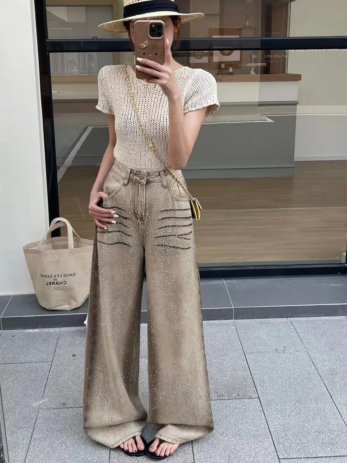 

American High Street Heavy Duty Rhinestone Washed Wide Leg Floor Length Jeans Women's Vintage Khaki Spring Long Pants